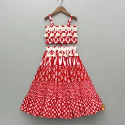 Sale Embellished Printed Strappy Red Top And Lehenga With Matching Dupatta Ethnic Wear | Lehengas & Ghagras