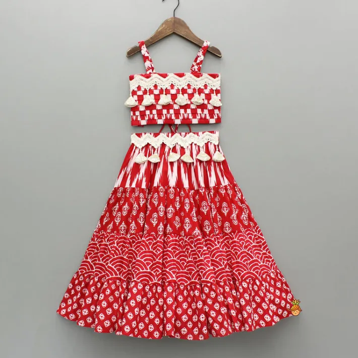 Sale Embellished Printed Strappy Red Top And Lehenga With Matching Dupatta Ethnic Wear | Lehengas & Ghagras