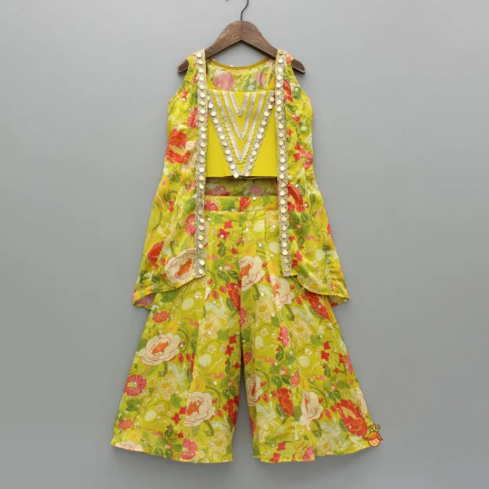 Hot Embroidered And Embellished Strappy Top With Printed Cape And Palazzo Ethnic Wear | Palazzos & Shararas