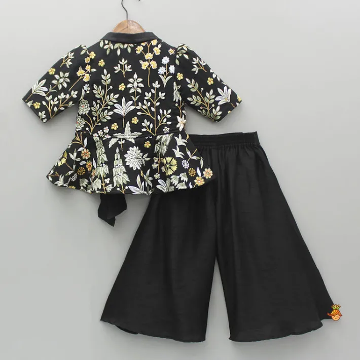 Fashion Embroidered Black Jacket Style Top And Flared Palazzo Ethnic Wear | Palazzos & Shararas