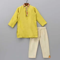 New Embroidered Collar And Front Placket Mustard Kurta With Pyjama BOY Twinning Sets | Indian Ethnic Wear