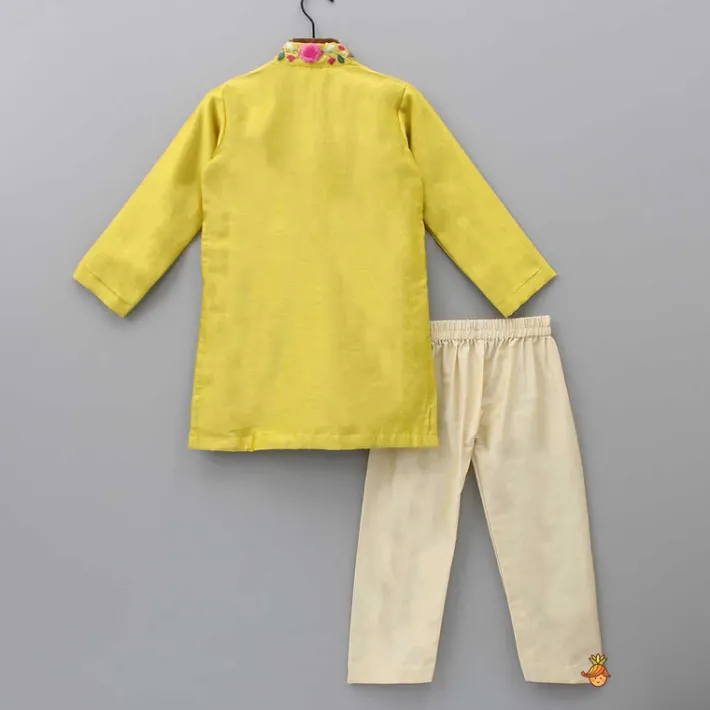 New Embroidered Collar And Front Placket Mustard Kurta With Pyjama BOY Twinning Sets | Indian Ethnic Wear