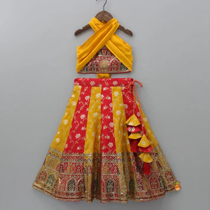 Sale Embroidered Crop Top With Colour Blocked Lehenga And Net Dupatta Ethnic Wear | Lehengas & Ghagras