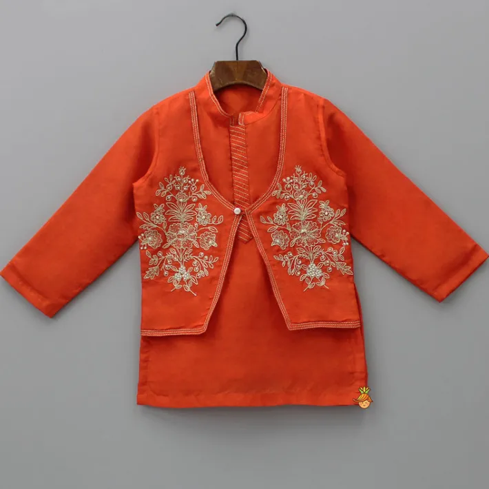 Fashion Embroidered Flap Orange Kurta And Pyjama BOY Twinning Sets | Indian Ethnic Wear