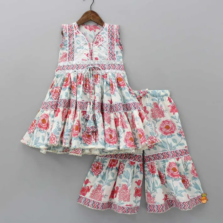 Hot Embroidered Floral-Printed Tiered Kurti And Sharara Ethnic Wear | Palazzos & Shararas
