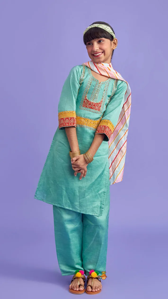 Hot Embroidered Green Kurti And Pant With Striped Multicolour Dupatta Ethnic Wear | Churidars & Salwars