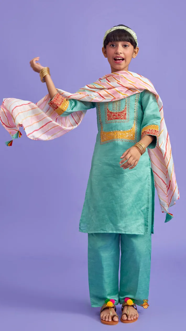 Hot Embroidered Green Kurti And Pant With Striped Multicolour Dupatta Ethnic Wear | Churidars & Salwars