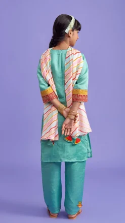 Hot Embroidered Green Kurti And Pant With Striped Multicolour Dupatta Ethnic Wear | Churidars & Salwars