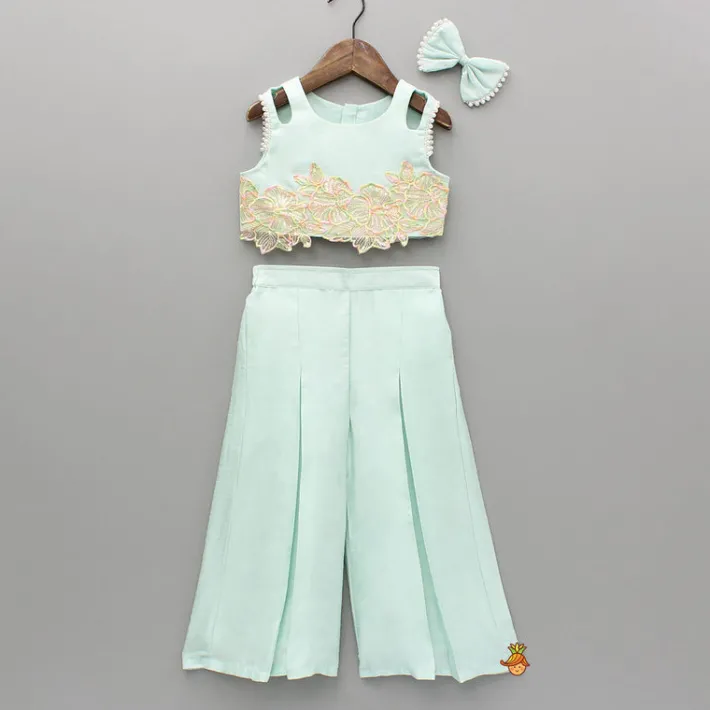 Sale Embroidered Green Top And Pleated Palazzo With Matching Bow Hair Clip Ethnic Wear | Palazzos & Shararas