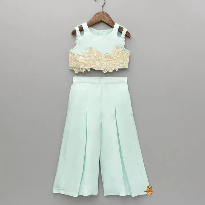 Sale Embroidered Green Top And Pleated Palazzo With Matching Bow Hair Clip Ethnic Wear | Palazzos & Shararas