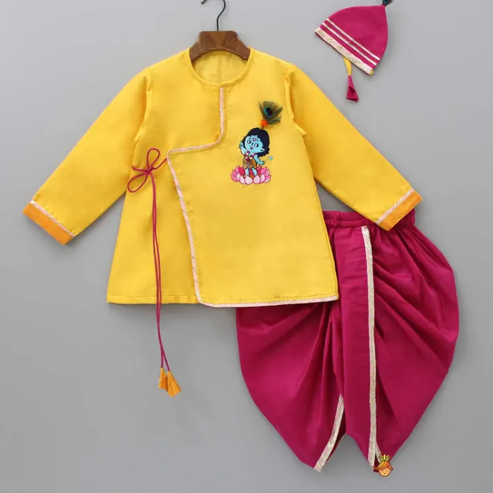 Best Embroidered Krishna Angarkha Style Kurta With Lace Work Dhoti And Mukut BOY Indian Ethnic Wear | Ethnic Sets