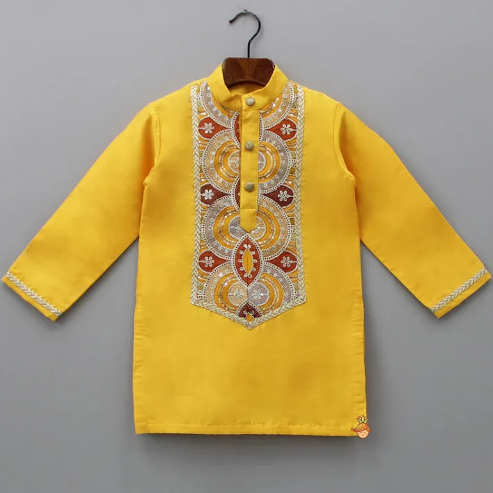 Online Embroidered Mustard Kurta And Off White Pyjama BOY Twinning Sets | Indian Ethnic Wear