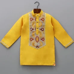 Hot Embroidered Mustard Kurta And Off White Pyjama BOY Indian Ethnic Wear | Ethnic Sets