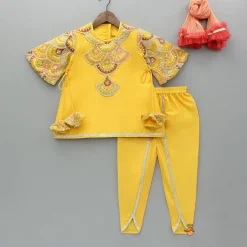 Online Embroidered Mustard Kurti And Tulip Dhoti With Net Dupatta Twinning Sets | Ethnic Wear