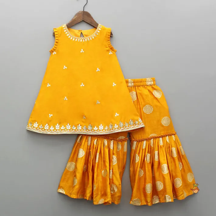 Sale Embroidered Mustard Kurti And Sharara Ethnic Wear | Palazzos & Shararas