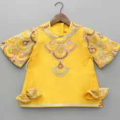 Online Embroidered Mustard Kurti And Tulip Dhoti With Net Dupatta Twinning Sets | Ethnic Wear