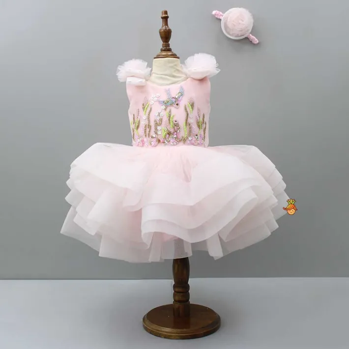 Hot Embroidered Pink Ruffle Dress With Bowie Head Band Dresses & Sets | Dresses