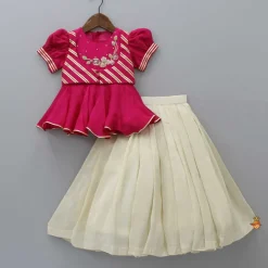 Online Embroidered Puff Sleeves Pink Top And Beige Lehenga Ethnic Wear | Lehengas & Ghagras