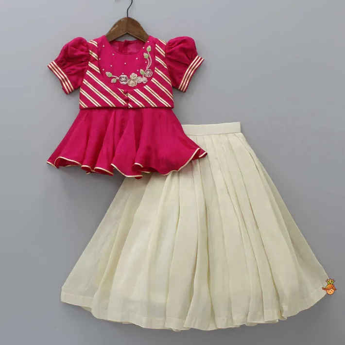 Online Embroidered Puff Sleeves Pink Top And Beige Lehenga Ethnic Wear | Lehengas & Ghagras