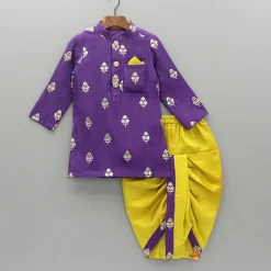 Hot Embroidered Purple Kurta And Mustard Dhoti BOY Indian Ethnic Wear | Ethnic Sets