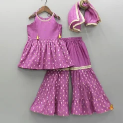 Discount Embroidered Purple Strappy Kurti And Sharara With Dupatta Ethnic Wear | Palazzos & Shararas