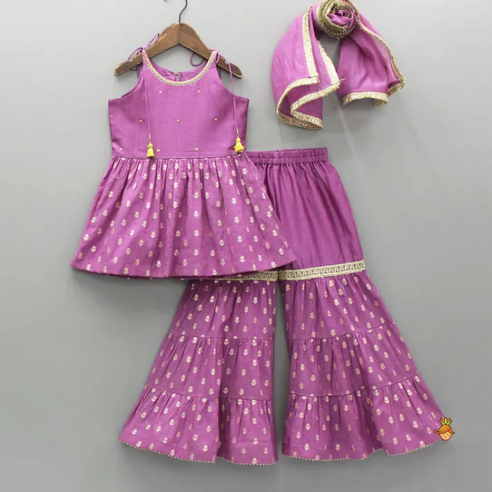 Discount Embroidered Purple Strappy Kurti And Sharara With Dupatta Ethnic Wear | Palazzos & Shararas