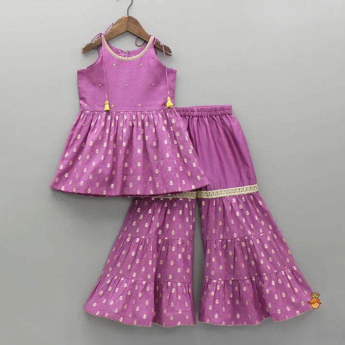 Discount Embroidered Purple Strappy Kurti And Sharara With Dupatta Ethnic Wear | Palazzos & Shararas