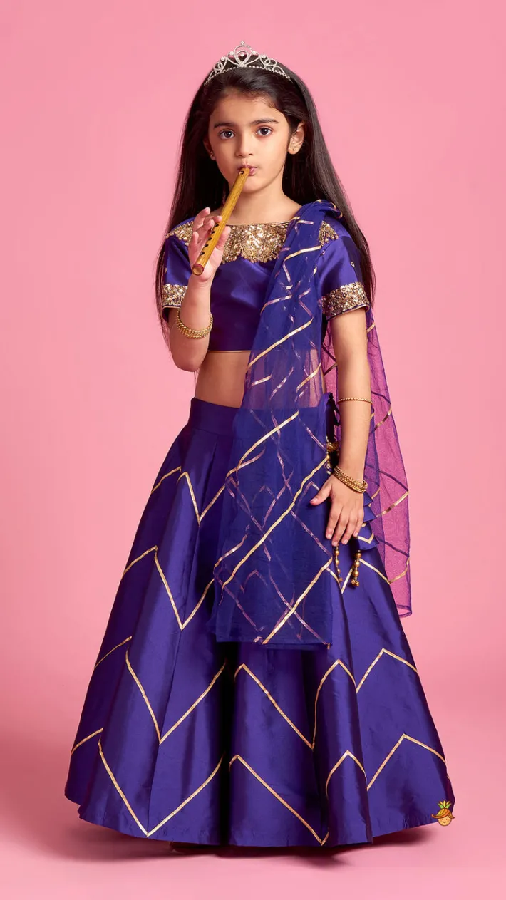 Sale Embroidered Purple V Cut Back Top And Gota Lace Detail Lehenga With Matching Checks Dupatta Ethnic Wear | Lehengas & Ghagras