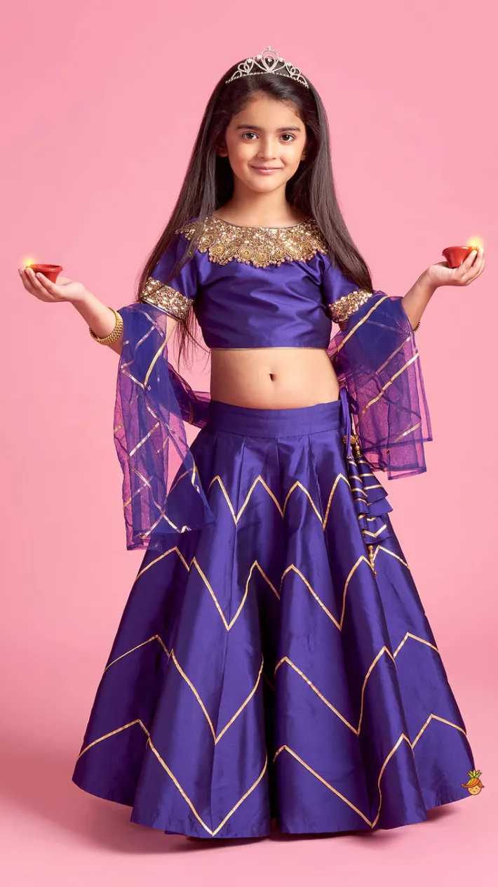 Sale Embroidered Purple V Cut Back Top And Gota Lace Detail Lehenga With Matching Checks Dupatta Ethnic Wear | Lehengas & Ghagras