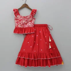 Clearance Embroidered Red Top And Pleated Frilly Hem Lehenga Twinning Sets | Ethnic Wear
