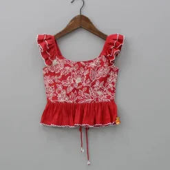 Clearance Embroidered Red Top And Pleated Frilly Hem Lehenga Twinning Sets | Ethnic Wear