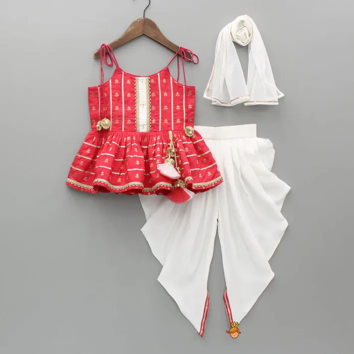 Outlet Embroidered Strappy Peplum Top And Dhoti With Dupatta Ethnic Wear | Dhotis & Patialas