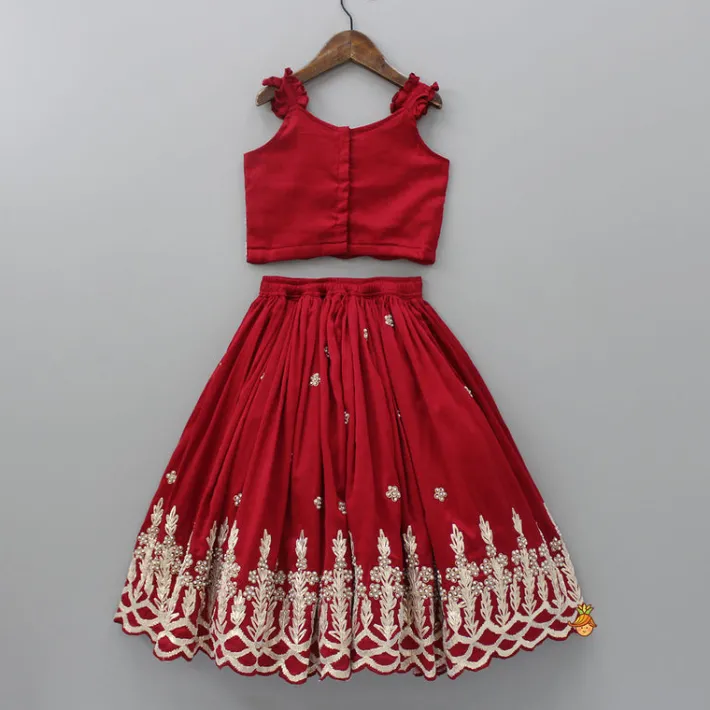 Outlet Embroidered Strappy Red Top And Pleated Lehenga Ethnic Wear | Lehengas & Ghagras