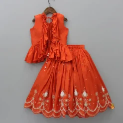Outlet Embroidered Stylish Orange Top And Pleated Lehenga Twinning Sets | Ethnic Wear