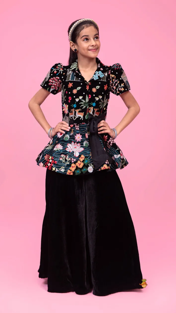 Online Embroidered Velvet Black Top And Flared Palazzo Ethnic Wear | Palazzos & Shararas