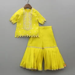 Discount Embroidered Yellow Kurti With Sharara And Dupatta Twinning Sets | Ethnic Wear
