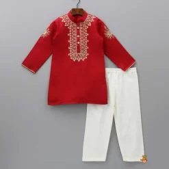 Outlet Embroidered Yoke Red Ethnic Kurta And Pyjama BOY Indian Ethnic Wear | Ethnic Sets