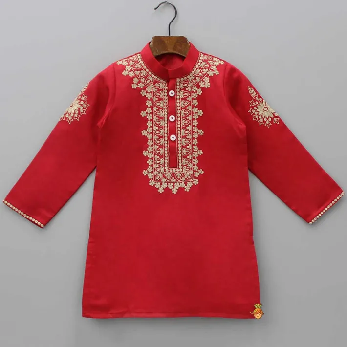Outlet Embroidered Yoke Red Ethnic Kurta And Pyjama BOY Indian Ethnic Wear | Ethnic Sets