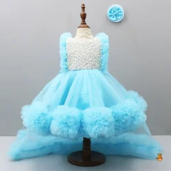 Online Embroidered Yoke Ruffle Hem Blue Dress With Detachable Trail And Matching Head Band Dresses & Sets | Dresses