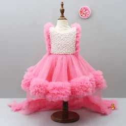 Sale Embroidered Yoke Ruffle Hem Pink Dress With Detachable Trail And Matching Hair Clip Dresses & Sets | Dresses