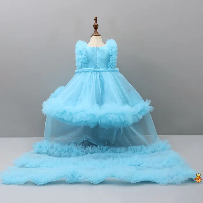 Online Embroidered Yoke Ruffle Hem Blue Dress With Detachable Trail And Matching Head Band Dresses & Sets | Dresses