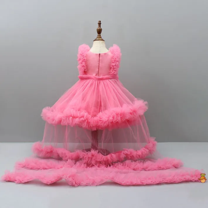 Sale Embroidered Yoke Ruffle Hem Pink Dress With Detachable Trail And Matching Hair Clip Dresses & Sets | Dresses
