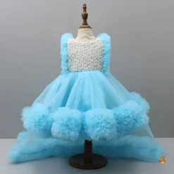 Online Embroidered Yoke Ruffle Hem Blue Dress With Detachable Trail And Matching Head Band Dresses & Sets | Dresses