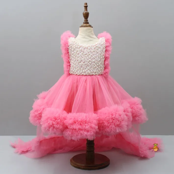 Sale Embroidered Yoke Ruffle Hem Pink Dress With Detachable Trail And Matching Hair Clip Dresses & Sets | Dresses