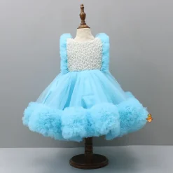 Online Embroidered Yoke Ruffle Hem Blue Dress With Detachable Trail And Matching Head Band Dresses & Sets | Dresses