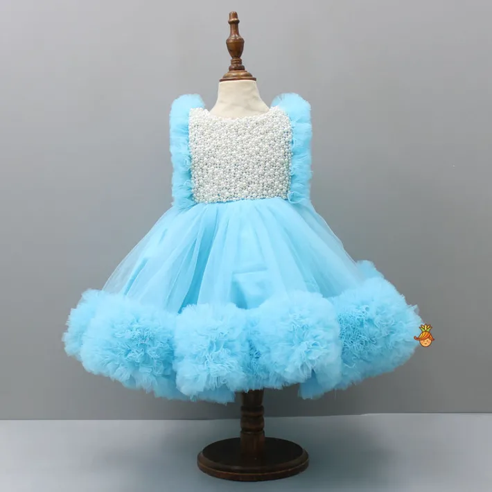 Online Embroidered Yoke Ruffle Hem Blue Dress With Detachable Trail And Matching Head Band Dresses & Sets | Dresses