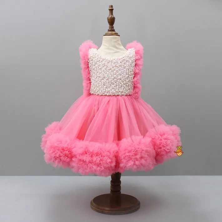 Sale Embroidered Yoke Ruffle Hem Pink Dress With Detachable Trail And Matching Hair Clip Dresses & Sets | Dresses