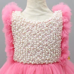 Sale Embroidered Yoke Ruffle Hem Pink Dress With Detachable Trail And Matching Hair Clip Dresses & Sets | Dresses