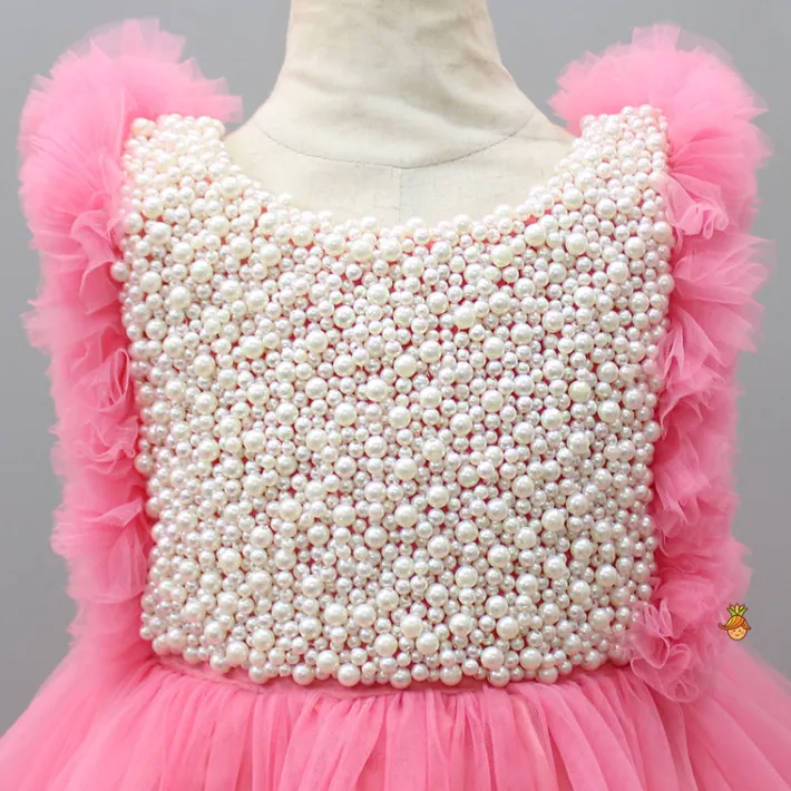 Sale Embroidered Yoke Ruffle Hem Pink Dress With Detachable Trail And Matching Hair Clip Dresses & Sets | Dresses