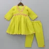 New Embroidered Yoke V Neck Scalloped Green Kurti And Pant Ethnic Wear | Churidars & Salwars